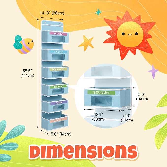 Weekly Clothes Organizer for Kids, Monday through Friday Clothing, 6 Shelf | Houseables Days of the Week Clothes Organizer, Kids Closet, Daily Outfit Storage, Weekday, M-F, School, Hanging, Over Door - Image 2