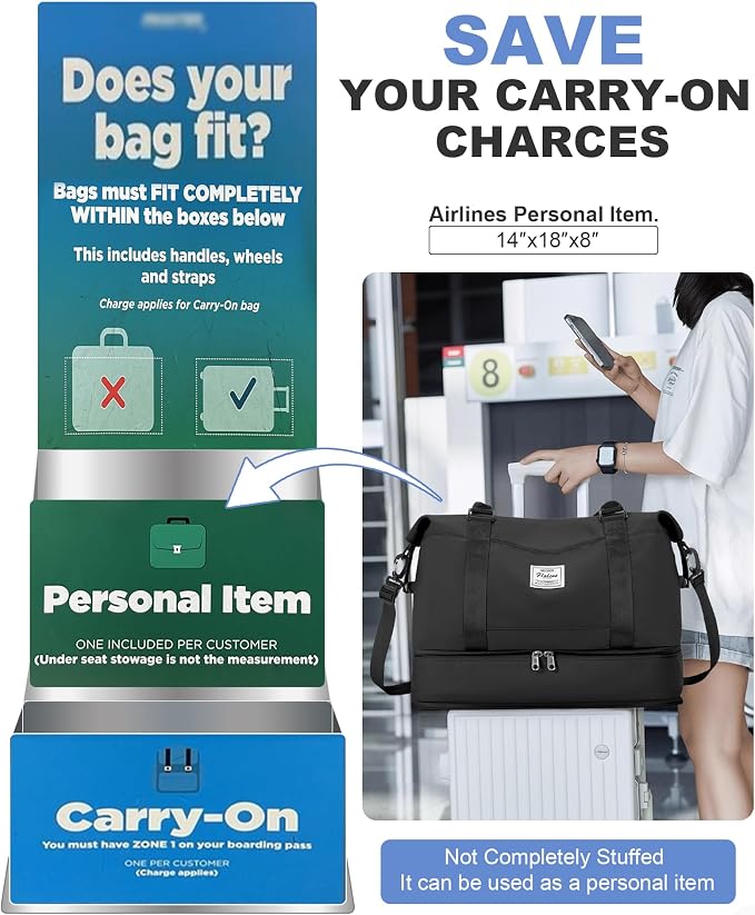 Travel Duffel Weekender Bag Women Tote Carry On Bags With Shoe Compartment | 18x14x8 inches Travel Overnight Bags with Trolley Sleeve for Airplanes Sport Tote Gym for Men Lightweight Daypack Black - Image 2