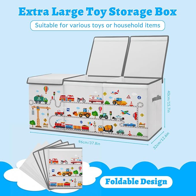 Large Toy Box Collapsible Chest Organizer with Flip Lid for Kids | Oxford Storage Box with Handle for Boy Girl Sturdy Waterproof Organizing Decor for Bedroom Playroom Nursery 37.7×12.5×15.7'' - Image 2