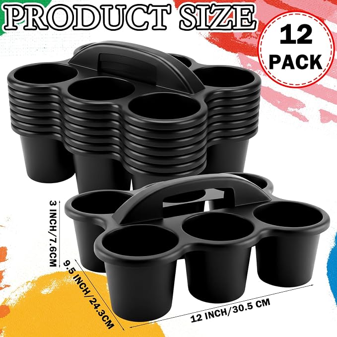12 Pack Classroom Caddy Organizer with Handle 6 Compartment,Black | Plastic Drink Cup Caddy Holder, Portable Storage Bin, for Pencil, Glue Stick, Crayons, Marker, Table, Office, School Supplies - Image 3