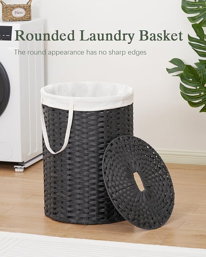 SETVSON Laundry Basket with Lid Round 29.1 Gal PE Rattan, Black | Family Clothes & Blanket Trunk with Lid, Removable Liner Bag with Handles, 2 Mesh Wash Bags, Collapsible Steel Frame - Image 2