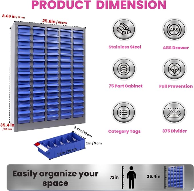 75-Drawer Parts Cabinet, Bolt Organizer with ABS Drawers & Dividers, Garage | Nut and Bolt Organizer for Workshop, 5 Dividers, 200 Label Stickers, Home and Office, Anti-slip stop, Flexible Classification - Image 2