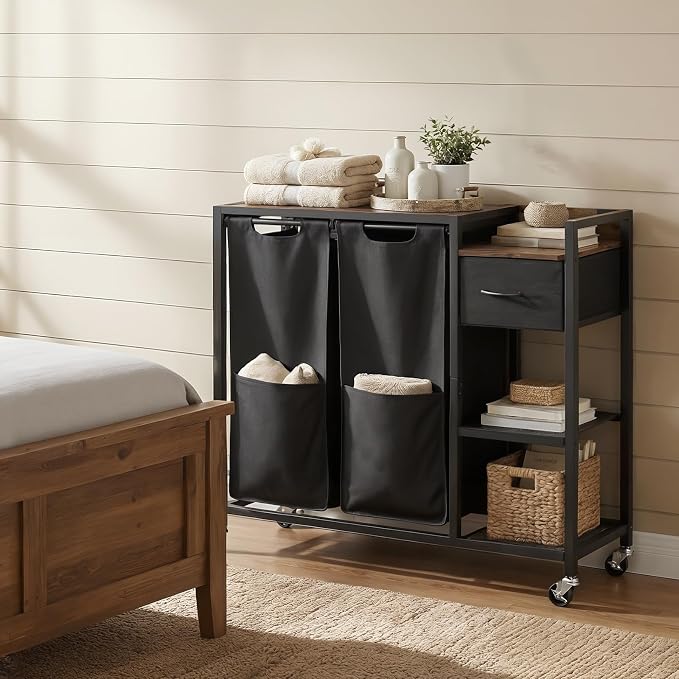 HOOBRO 2 Section Laundry Sorter with Shelf, 24 Gal. (90.8 L) Laundry Hamper with Wheels, Rolling Laundry Basket with Fabric Drawer, 3-Tier Shelves, Side Pockets, Black and Rustic Brown BF27XY01 - Image 7