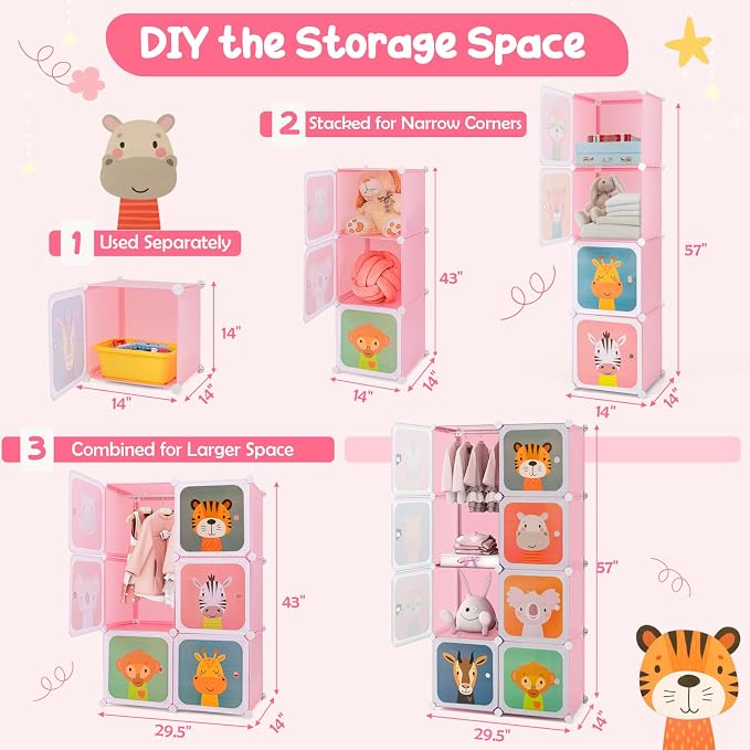 HONEY JOY Kids Wardrobe Closet, Baby Cartoon Clothes Storage Organizer, 8 Cubes & 2 Hanging Sections, Portable Children DIY Modular Bedroom Armoire Dresser Cabinet for Boys Girls (Pink, 8-Cube) - Image 3