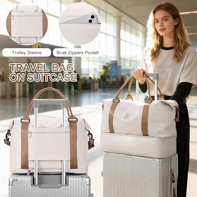 Travel Duffel Weekender Bag Women Tote Carry On Bags With Shoe Compartment | 18x14x8 inches Travel Overnight Bags with Trolley Sleeve for Airplanes Sport Tote Gym for Men Lightweight Daypack-Blackbrown - Image 3