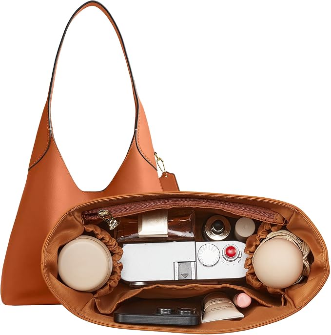 Brooklyn 28 Bag Insert, Purse Organizer Insert for Coach, Nylon Honey | Waterproof Nylon For Coach Brooklyn Shoulder Bag 28, Lightweight, 5 Compartments Zipper Pocket, Elastic Holders by Doxo