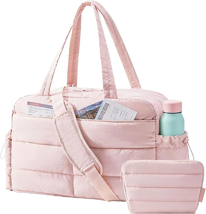BAGSMART Gym Bag for Women, Lightweight Puffer Duffle Bag 2-PC Travel Bag, 31L Weekender Overnight Bag Quilted Carry On Tote Bag, Diaper Hospital Dance Bag for Travel, Gym, Water Resistant, Pink by BAGSMART