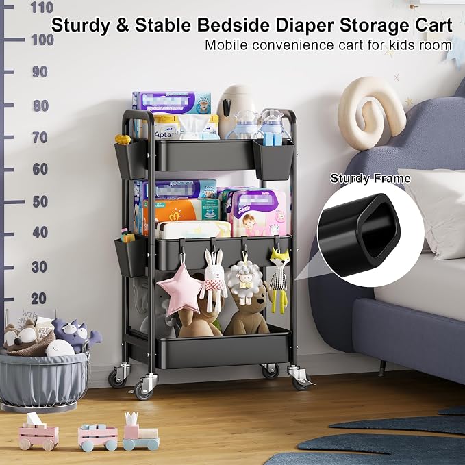3 Tier Rolling Cart with Lockable Wheels, Metal Diaper Caddy Cart Organizer for Baby Essentials, Black Storage Utility Cart for Craft, Snack, Rolling Carts with Wheels for Lash Techs, Art, Bathroom - Image 8