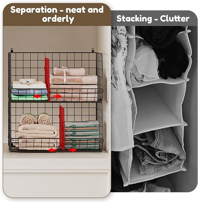 Jautokerdar 4 Tier Hanging Closet Organizer with Dividers,Extra Large Storage Hanging Shelf with 5 S Hooks 4 Dividers,Hang on Wire Closet Shelving Clothes Organizer-Black - Image 7