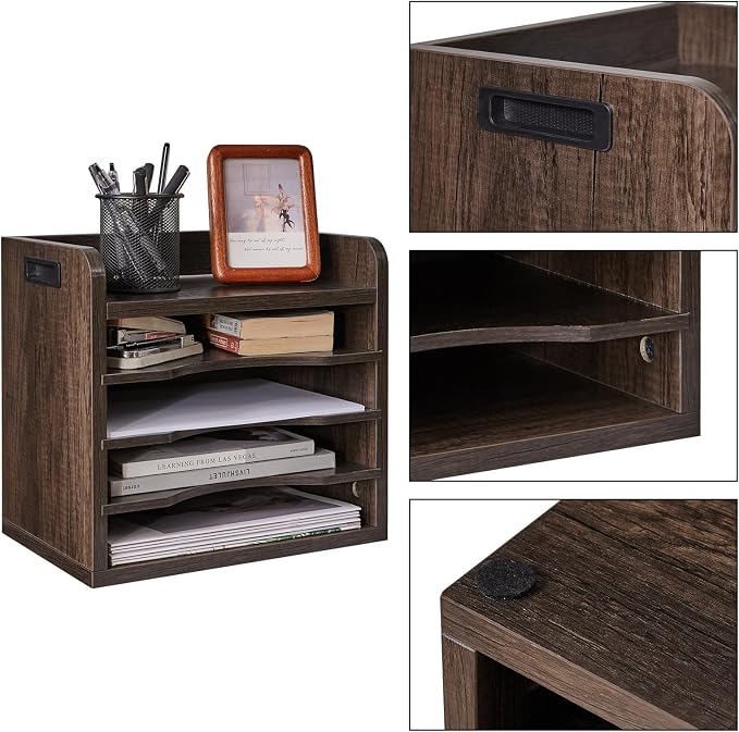 YMYNY Desktop File Organizer with Handle, Document Letter Mail Tray Sorter with 3 Adjustable Shelves, 5 Tiers Paper Holder for Home Office Desk, Black Gray,13.4 * 12.4 * 9.06" UHBC006G - Image 7
