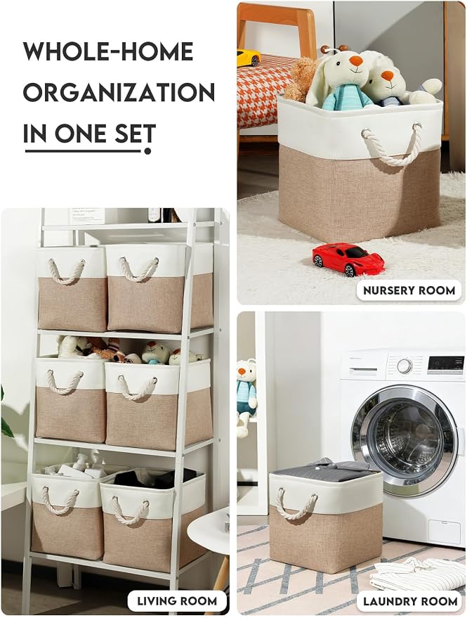 Temary 6-Pack Cube Storage Bins, 11 Inch Foldable Fabric Storage Cubes with Cotton Rope Handles, Sturdy Linen Organizer Baskets with Metal Frame for Shelves, Closet, Nursery (White&Khaki) - Image 6