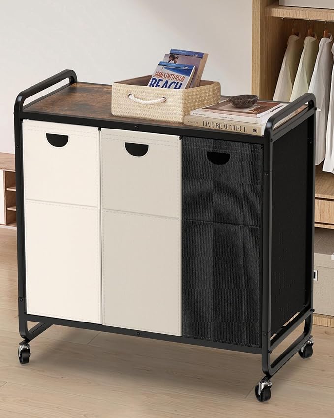 Laundry Sorter 3 Section,Laundry Basket with Wheels,3×15.8 Gal (60L) | Laundry Room Organization with Wooden Desktop Shelf,Pull-Out and Removable 900D Oxford Fabric Laundry Bags for Laundry Room - Image 9