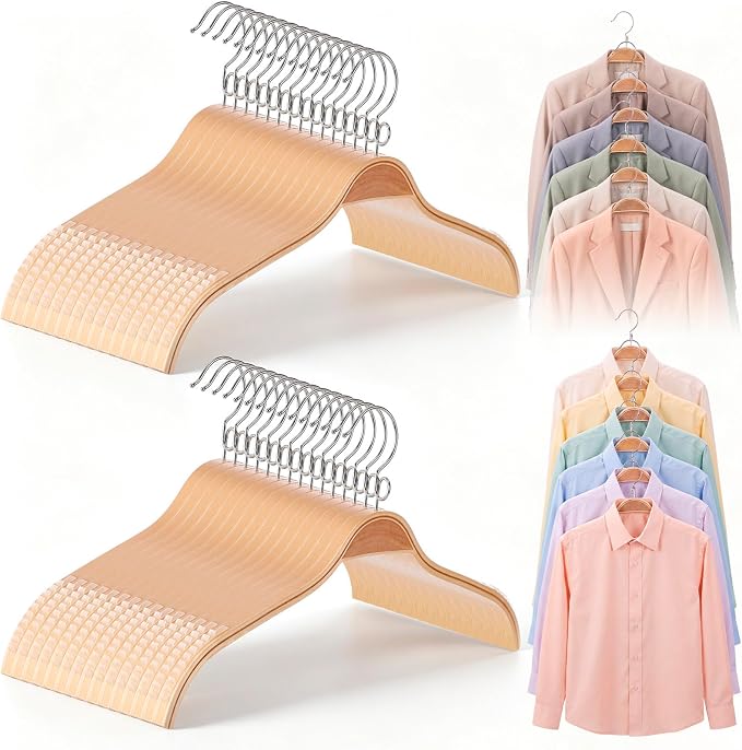 LemonRoad 30 Pack Space Saving Wooden Hangers with Vertical Stacking Hooks, Slim Natural Wood Clothes Hangers, No Shoulder Bumps, Non Slip Rubber Grips, 360° Swivel Hooks for Sweaters, Shirts by Unknown