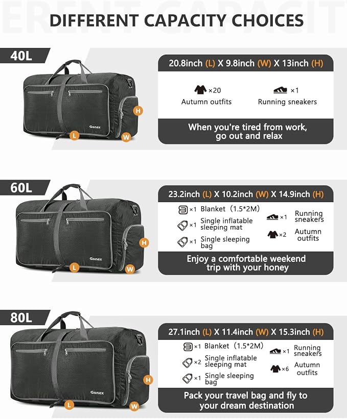 Gonex 80L Foldable Travel Duffle Bag with Shoe Compartment, Lightweight | 210D Nylon, Water-Repellent, Folds Compact, Multiple Pockets, Luggage Sleeve, Weekend Trips & Camping, Grey - Image 3