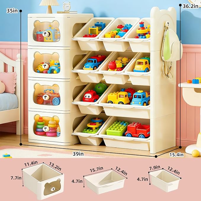 Toy Storage Organizer and Bookshelf, Large 4 Tier Book Shelf W/10 Toy Bins and 4 Drawers, Cute Bear Toy Organizers Box Bookcase for Nursery, Playroom, Bedroom, Kindergarten - Image 2