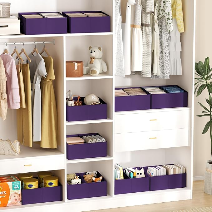 DIMJ Large Closet Shelf Organizer Bins 8 Packs with Handles and Divider, Fabric Trapezoid Storage Baskets, Foldable Clothes Containers Box for Shelf, Towel, Book, Toy, Purse, Hats, Purple - Image 5