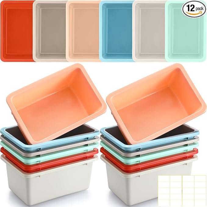 Thyle 12 Pieces Plastic Cubby Bins with Labels 11.6 x 7.7 x 5 Inch Classroom Book Bins Stacking Storage Container Organizer Storage Cubbies for Classroom Office (Retro Color) by Thyle