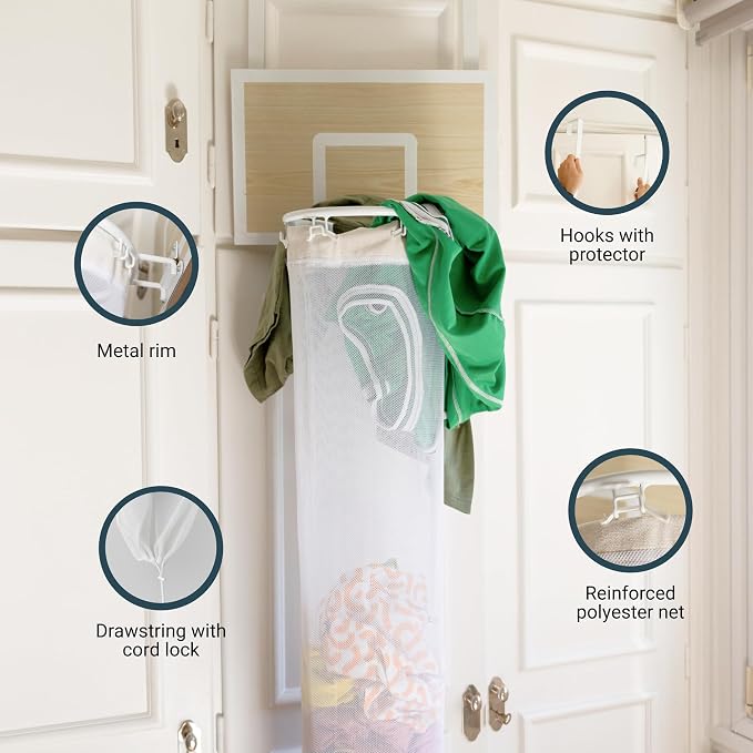 ActiveJoy – Basketball Laundry Hamper – Wooden Backboard & Mesh Hoop Laundry Basket – Over Door Hanging Organizer for Kids - White Oak - Image 3