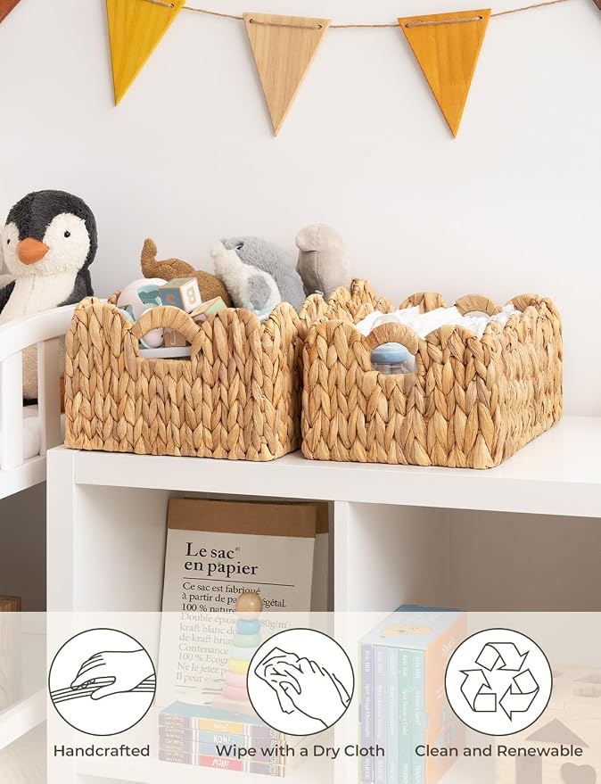 StorageWorks Scalloped Edge Wicker Basket, Hand-woven Rattan Baskets with Built-in Handles, Water Hyacinth Basket for Organizing and Decor, 2 Pack | Woven Baskets for Storage, Wicker Storage Baskets for Shelves, Large Wicker Basket, Shelf Basket with H... - Image 5