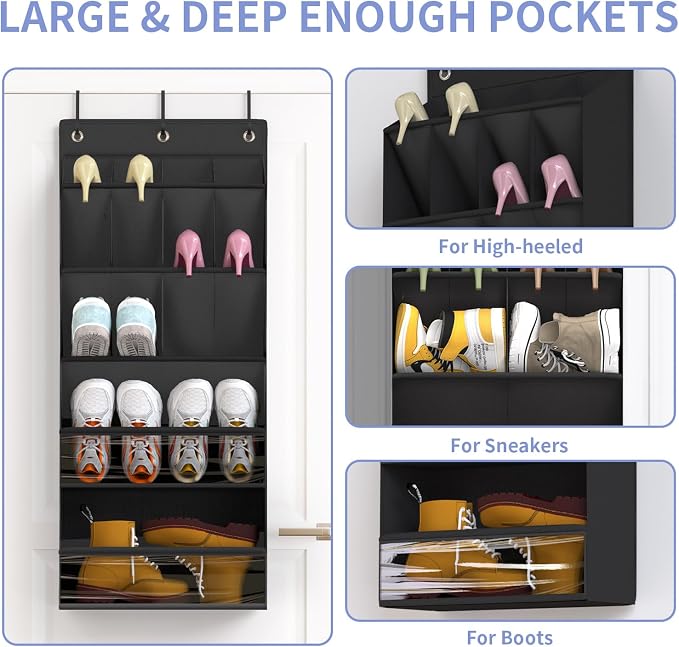 2 Pack Over the Door Shoe Organizers, Hanging Shoe Organizers Large Pockets | Shoe Holder Hanging Shoe Rack for Closet Shoe Organizer for Wall, Over Door Organizer with 28 Pockets for Boot, Sneaker Black - Image 3