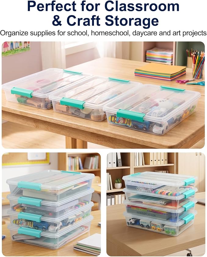 EOENVIVS 4 Pack Clear Storage Bins with Lids, A4 File Boxes, Green Latches | Craft storage bins sensory bins A4 paper US Letter paper classroom art supplies project organization - Image 6