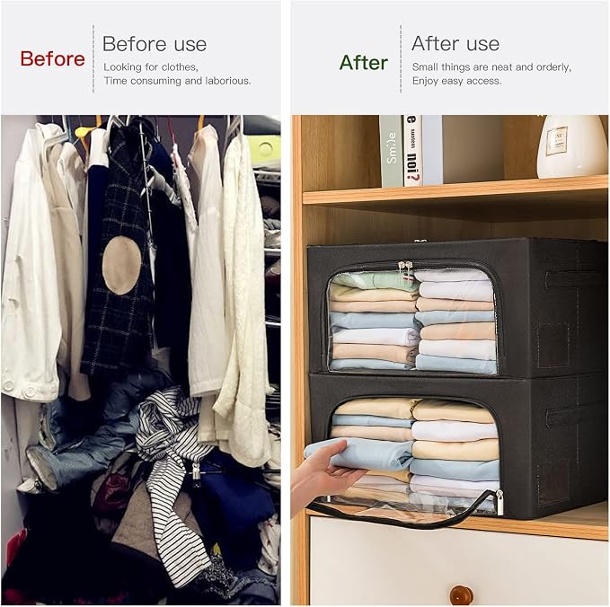 CYhom 3Pack Frame Storage Box - Clothes Storage Bin Bags Oxford Fabric Foldable Stackable Container Organizer Set with Clear Window & Carry Handles (Black, Small-22L) - Image 8