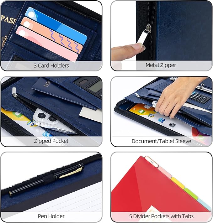 Ospelelf 3 Ring Portfolio Binder with Zipper, Leather Clipboard with Storage, Padfolio Folder for Men, 12.1” Tablet Sleeve, 5 Dividers with Pocket, Refillable Notepad, Card Slot (Navy Bule) - Image 4