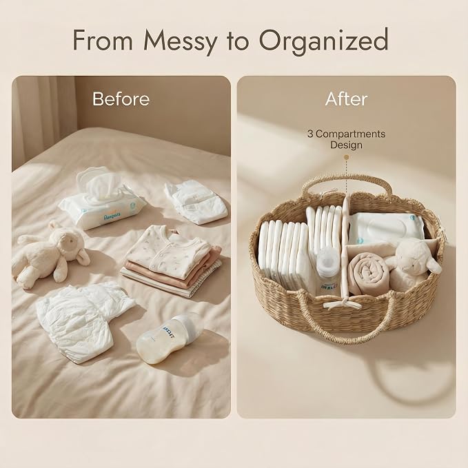 YANGQIHOME Diaper Caddy Organizer, Seagrass Nursery Baby Basket for Baby Essentials, Scalloped Wicker Diaper Caddy, Baby Shower Gifts (MeadowNest) - Image 3