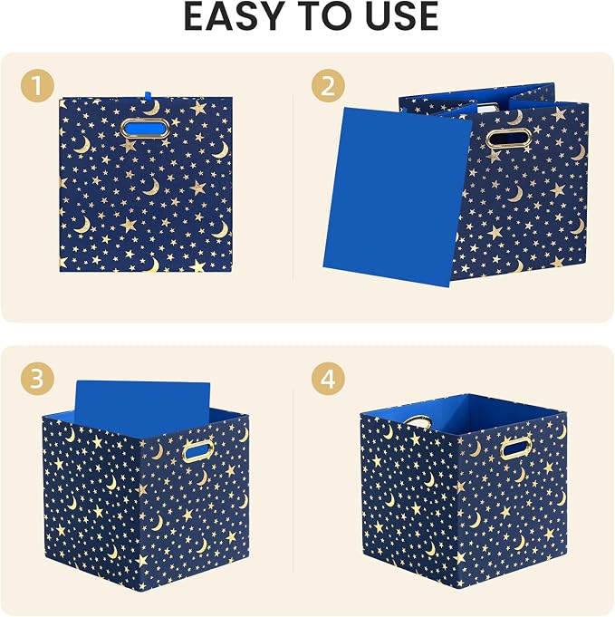 Posprica 11x11x11 Storage Cube Bins, Collapsible Storage Bins Fabric Storage Cubes Organizer Baskets Box Drawers for Shelves, Closet, Wardrobe, Bookshelf, Cabinet Blue-Moonstar, 4 Pack - Image 4