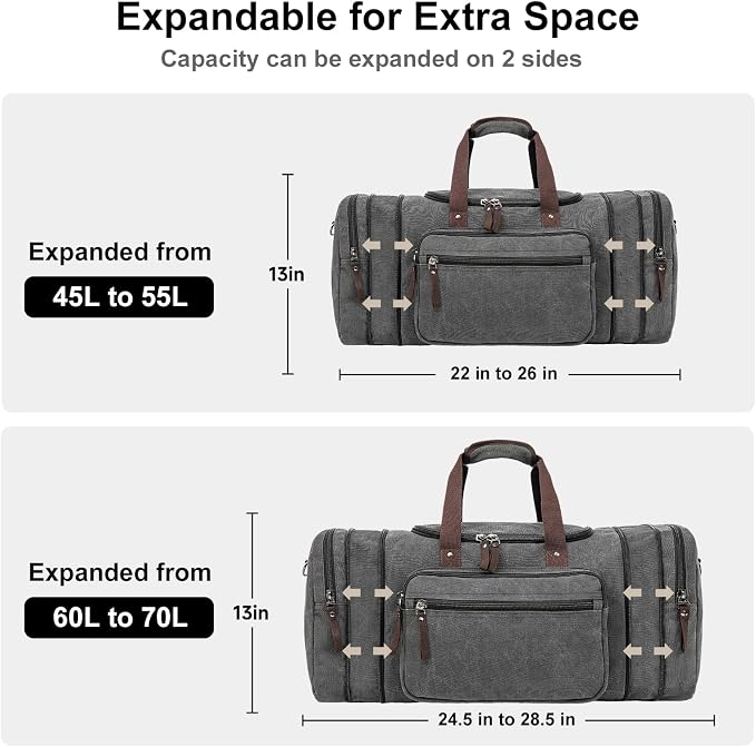 EKOROMIER Large Canvas Duffle Bag for Travel, Expandable 70L Weekender bags | Features Luggage Trolley Sleeve, Multi-Pockets for Traveling, Durable Overnight Carry-On Bag for Men & Women - Grey - Image 4