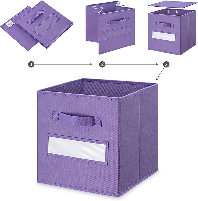 13x13x13 storage cube bins(Set of 8) Fabric storage cubes with 8 Labels Window Cards & a Pen, storage cubes 13x13, Collapsible 13 inch cube storage bins, Cubby Organizer Boxes, Purple - Image 4