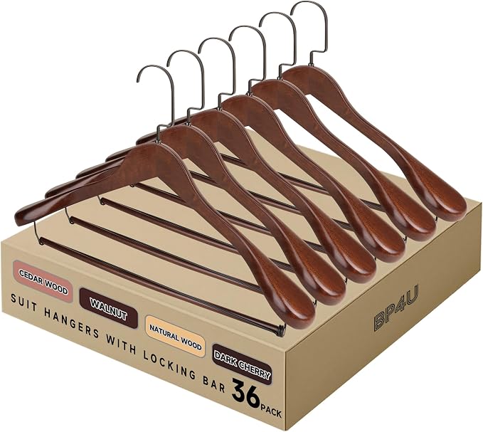 Wide Shoulder Wooden Hangers with Locking Bar, Walnut, 36-Pack | Non-Slip Suit Hangers with Flat-Head Hook for Suits, Jackets, Coats, Shirts, Outerwear and Heavy Clothes by BP4U%E2%84%A2