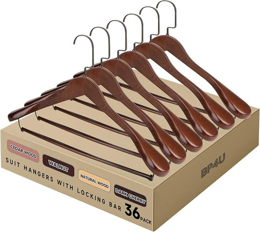 Wide Shoulder Wooden Hangers with Locking Bar, Walnut, 36-Pack | Non-Slip Suit Hangers with Flat-Head Hook for Suits, Jackets, Coats, Shirts, Outerwear and Heavy Clothes by BP4U%E2%84%A2