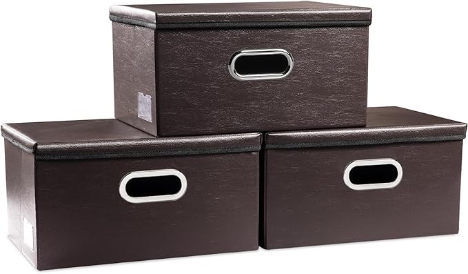 Collapsible Storage Box with Lid [3-Pack] Leather Fabric Foldable Storage Bin Organizer Container Basket Cube with Cover for Home Bedroom Closet Office Nursery Brown(13.6x9.6x6.9) by Prandom