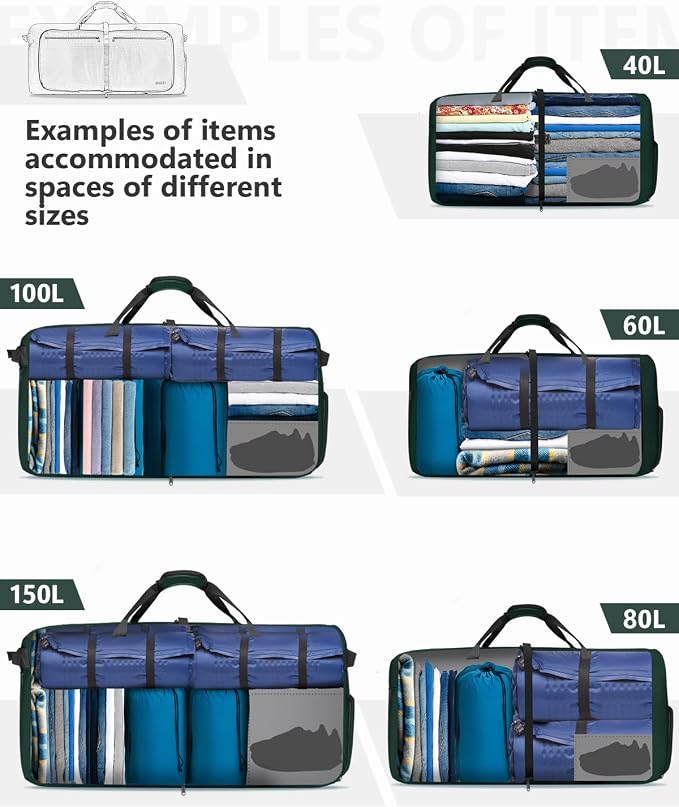 Gonex 150L Foldable Travel Duffle Bag with Shoe Compartment, Lightweight | 210D Nylon, Water-Repellent, Folds Compact, Multiple Pockets, Luggage Sleeve, Family Travel & Camping, Blackish Green - Image 8