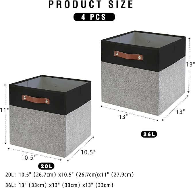 Collapsible Fabric Storage Cube Bins with 2 Reinforced PU Handles, Foldable Storage Organizer Baskets for Closet, Shelves, Living Room | 13"x13"x13", 4 Pack, Black & Gray - Image 4