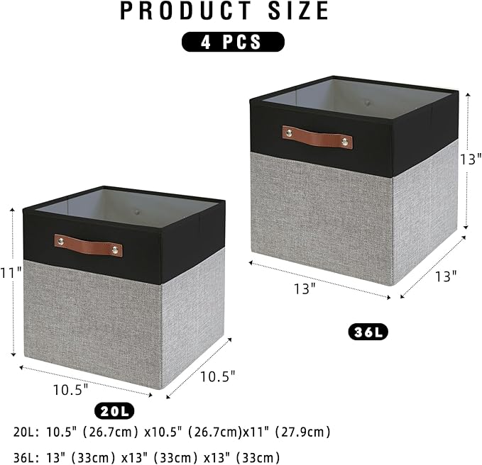 Collapsible Fabric Storage Cube Bins with 2 Reinforced PU Handles, Foldable Storage Organizer Baskets for Closet, Shelves, Living Room | 11"x11"x11", 4 Pack, Black & Gray - Image 4