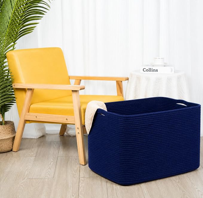 112L Extra Large Blanket Basket Holder Living Room, 25"x17"x16" Rectangle Rope Woven Storage Basket with Handles for Laundry, Towels, Shoes, Dog Toy Organizer Bin Box, Full Navy - Image 4