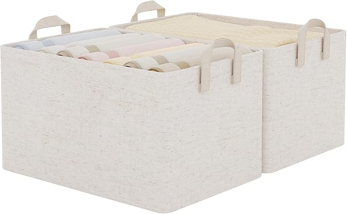 StorageWorks Linen Closet Storage Bins, 45L Storage Baskets, Beige, 2-Pack | Extra Large, With Reinforced PU Handles, Metal Frame, Collapsible Basket for Shelves, Closet, Holds Clothes, Towels, Blankets by StorageWorks