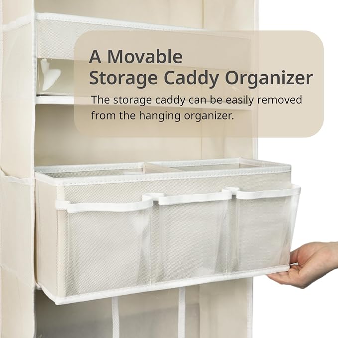 Door Hanging Storage Organizer,with 3 Bins 1 Movable Baby Diaper Caddy,1 Large capacity diaper stacking storage Organizer,10 Side Pockets ,Bedroom Door Storage for Nursery Baby Essentials. (Beige) - Image 2