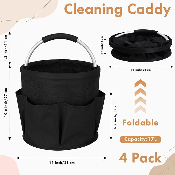 LemonRoad 4 Pack Cleaning Caddy with Handle 17L Foldable Cleaning Supplies Organizer Oxford Cloth Storage Basket with 6 Pockets & Soft Grip Portable Multi Bucket Bag for Home, Garden (Black) - Image 2