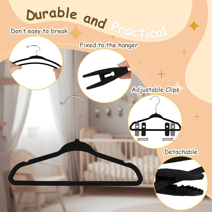 50 Pack Velvet Hangers for Baby & Kids, 11 Inch Non-Slip Infant Clothes Hangers with 100 Multi-use Adjustable Clips, Slim Space Saving Hanger for Nursery Closet, Toddler Skirts Pants Coat, Black - Image 3