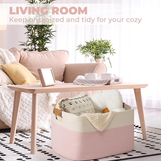 Large Woven Basket 25’’*16’’*16’’ Rectangle Woven Baskets for Storage, Storage for Living Room, Soft Cotton Rope Basket With Handle, Large Basket for Kids Dog Toys, 108L Pink+White - Image 5