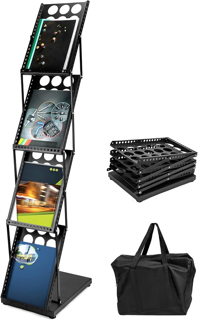 QWORK Magazine Brochure Display Rack Stand, 4 Pocket Foldable Literature Catalog Rack Book Holder Tradeshow Display Stand, for Office Store and Exhibition Trade Show (Black) by QWORK