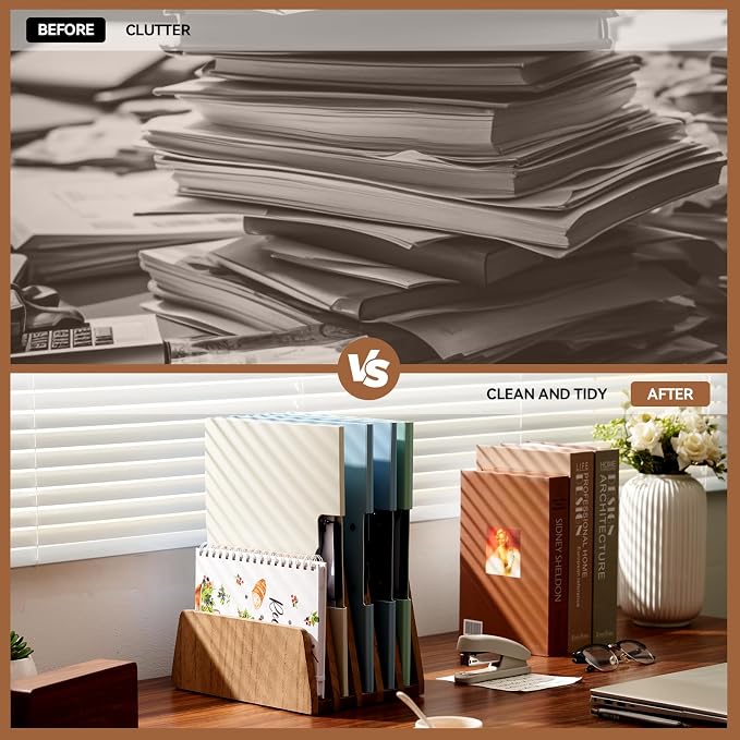 KIRIGEN Wooden Mail Organizer, 5-Slot File Holder for Desk, Brown 5K-DBR | Five Upright Compartments Sort Mail, Bills, Folders, Papers, Notebooks, and Envelopes; 9.84 x 7.48 x 7.08 In, No Assembly - Image 3