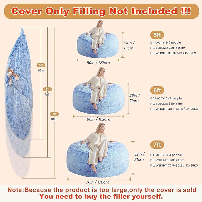 Bean Bag Covers Only, Fluffy Stuffed Beanbag Chair Covers No Filler, Washable Bean Bags Cover for Adults, Stuffed Animal Bean Bag Anti-Slip, 6FT, Blue - Image 2