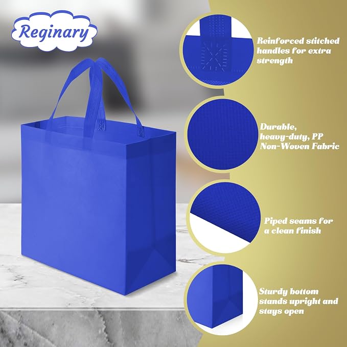 Reginary 100 PCS Non Woven Tote Bags Bulk,Blue | Reusable Shopping Bags with Handles, Stores, Groceries Markets, Events Gift, Party Supplies - Image 5
