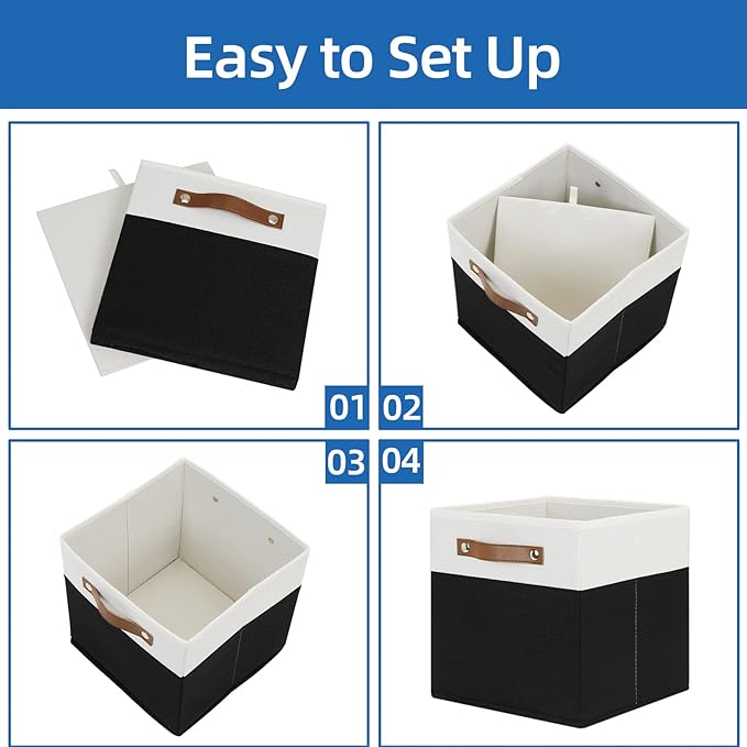 Temary 11 inch Cube Storage Bin 4 Pack Fabric Storage Cubes for Home, Fabric Storage Bin Storage Cube Bins with Leather Handles(White&Black) - Image 7