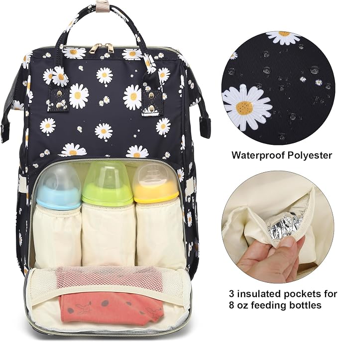 Daisy Baby Diaper Bag Backpack for Girls Boys, Waterproof Large Maternity Nappy Bags for Mom (Black) - Image 2