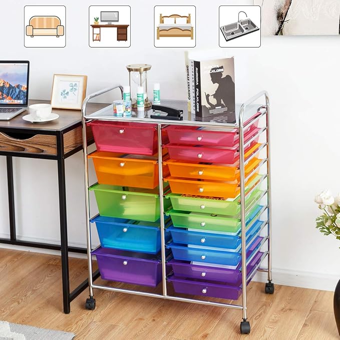 RELAX4LIFE 15 Drawer Rolling Storage Cart, Mobile Drawer Carts for Craft Art Supply Paper Salon, Utility Cart on Wheels for Classroom Teacher School Office, Rolling Cart with Drawers (Color) - Image 2